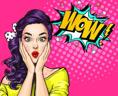 Pop Art illüstrasyon, sürpriz girl.Comic kadın. Wow.Advertising poster. Pop Art kız. Parti Davetiyesi. Doğum günü tebrik kartı. Reklam afişi. Romantik kız, saf, pop art kadın, pin up girl