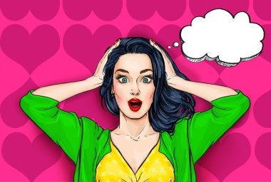Pop Art illüstrasyon, sürpriz girl.Comic kadın. Pembe bir arka plan üzerinde şok kadın. OMG, wow, davet, poster, sevimli, yüz, model, konuş, doğum günü, Stil, korku, korku, korkuyor, güzellik, deli, Hayır