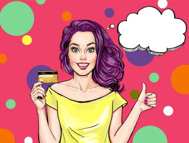 Banka kartı ile gülümseyen kız. Pop Art kız. aşk, seksi, Vay, Bayan, fikir, iyi, harika, muhteşem, zarif, pozitif, ifade, kazanan, iyi, süper, kadın, heyecanlı, moda, gülümseyen, hoş, sürpriz, tamam