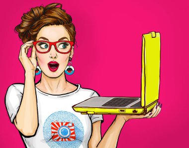 Girl with laptop in the hand in comic style. Woman with notebook.Girl in glasses. Hipster girl. Digital advertisement. clipart