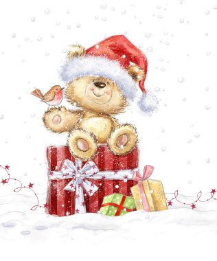 Noel hediyeleri Noel Baba şapkası ile şirin ayıcık. Elle çizilmiş oyuncak ayı. Noel tebrik kartı. Mutlu Noeller. Yeni yıl. Bez Bebek, oyuncak, vintage, oyuncak ayı, ho ho ho, küçük kuş, hediyeler, eve, ayı