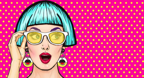 Chica Arte Pop Sorprendido Gafas Invitación Fiesta Tarjeta Cumpleaño Mujer — Foto de Stock
