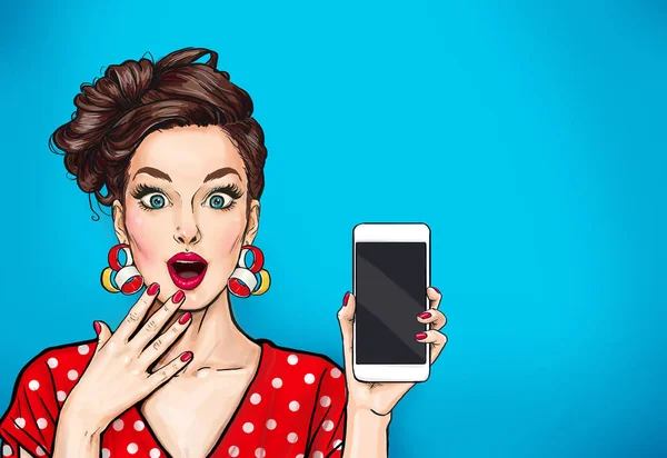 Girl with phone in the hand in comic style. Woman with smartphone. Hipster girl. Digital advertisement.Woman with phone. — Stock Photo, Image