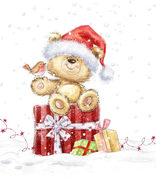 可爱的泰迪熊圣诞礼物在圣诞老人的帽子 手绘泰迪熊 圣诞贺卡 圣诞快乐 洋娃娃 玩具熊 — 图库照片