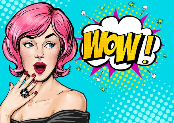 Pop Art illüstrasyon, sürpriz girl.Comic kadın. Wow.Advertising poster. Pop Art kız. Doğum günü tebrik kartı. Reklam afişi. Pop sanat arka plan