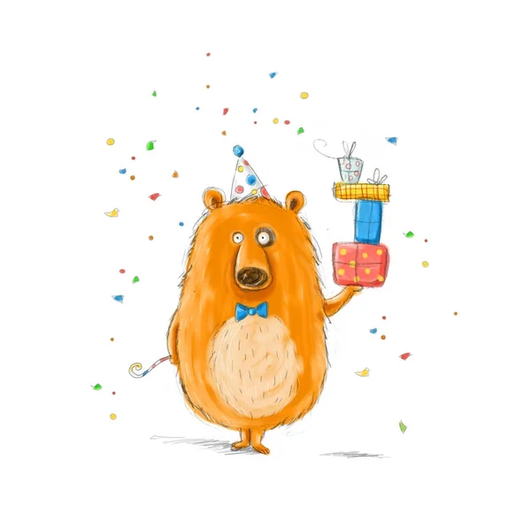 Divertido Oso Con Los Regalos Ilustración Infantil Dibujado Mano Bear —  Fotos de Stock