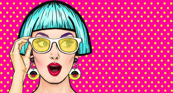 Amazed Pop Art girl in glasses. Party invitation.Birthday card.Comic woman.Sexy girl. Sale. Vintage poster. Fashion woman, discount, buyer, disco, flirt, style, youth, wow, thought, excited, lifestyle — Stock Image Amazed Pop Art Girl Glasses Party Invitation Birthday Card Comic Stock Photo
