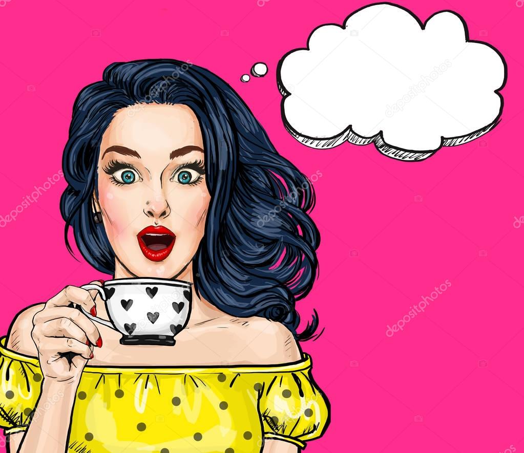 Surprised young sexy woman with open mouth with cup.Comic woman. Amazed women. Pop Art girl. love, wow, wake up, lifestyle, style, model, sexy, flirt, disco girl, naive, romantic, look, cappuccino 