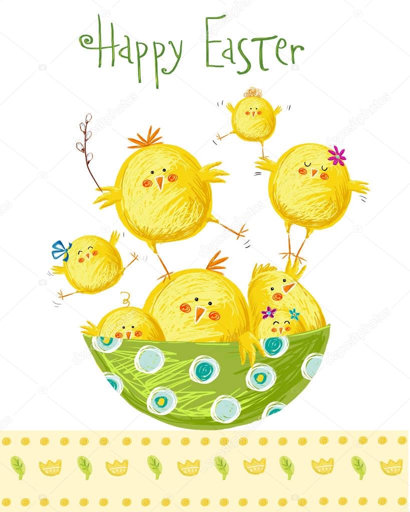 Happy easter greeting card. Cute chicken with text in stylish colors. Concept holiday spring cartoon greeting card.Congratulation with Easter 