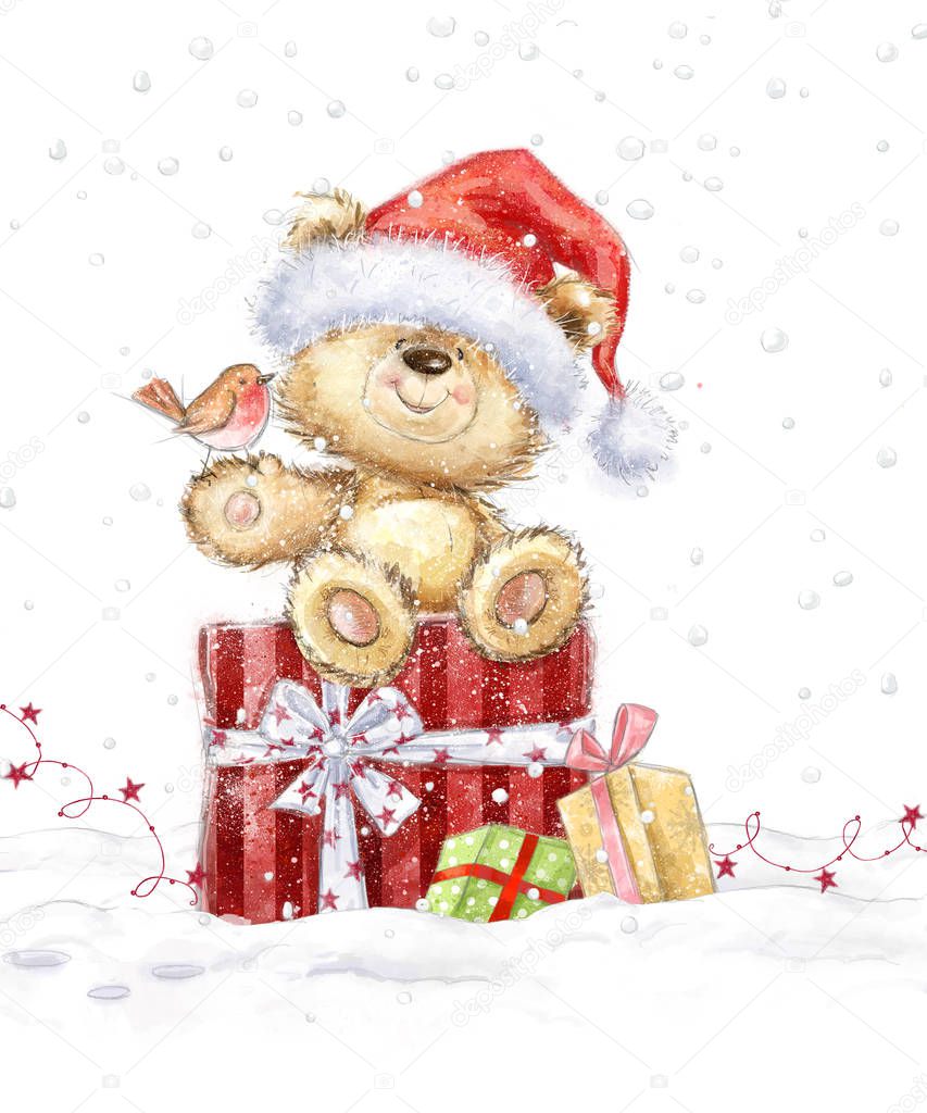 Cute teddy bear with Christmas gifts in the Santa hat. Hand drawn teddy bear.Christmas greeting card. Merry Christmas. New year. doll, toy, vintage, toy bear, ho ho ho, little bird, gifts, eve, bear