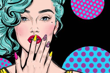 Moda Pop sanat tarzı ağzına yandan kızla Illustration. Parti davetiyesi veya Doğum günü tebrik kartı tasarımı. Güzellik salonu ya da tırnak bar reklam posteri.