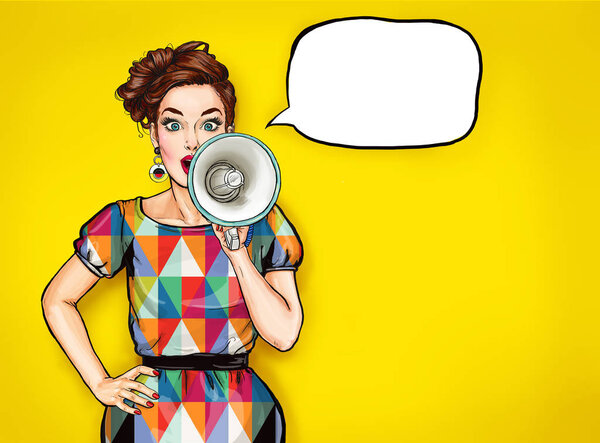 Pop art girl with megaphone. Woman with loudspeaker. Advertising poster with lady announcing discount or sale. 
