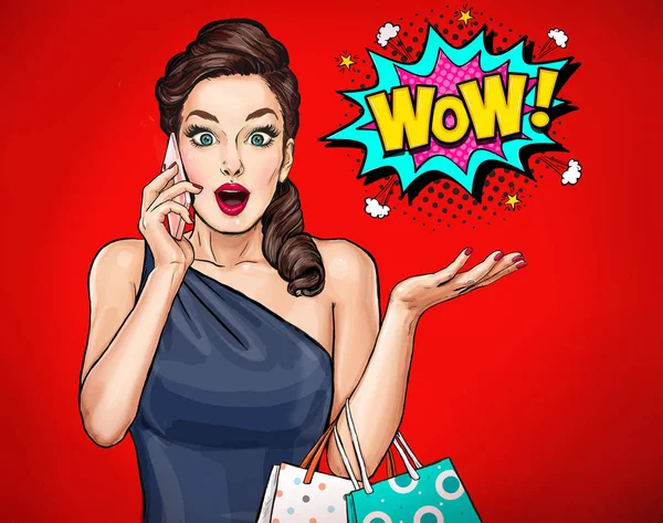 Amazed young sexy woman with open mouth in comic style.  Pop Art girl with phone and shooing bags saying wow.  Advertising poster with surprised magazine cover female model.