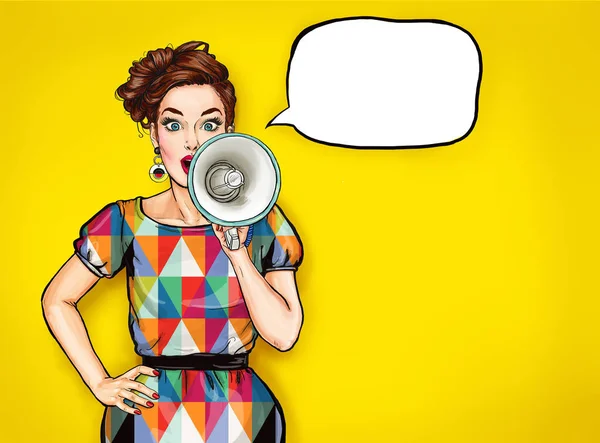 Pop art girl with megaphone. Woman with loudspeaker. Advertising poster with lady announcing discount or sale. — Stock Image Pop Art Girl Megaphone Woman Loudspeaker Advertising Poster Lady Announcing Stock Picture