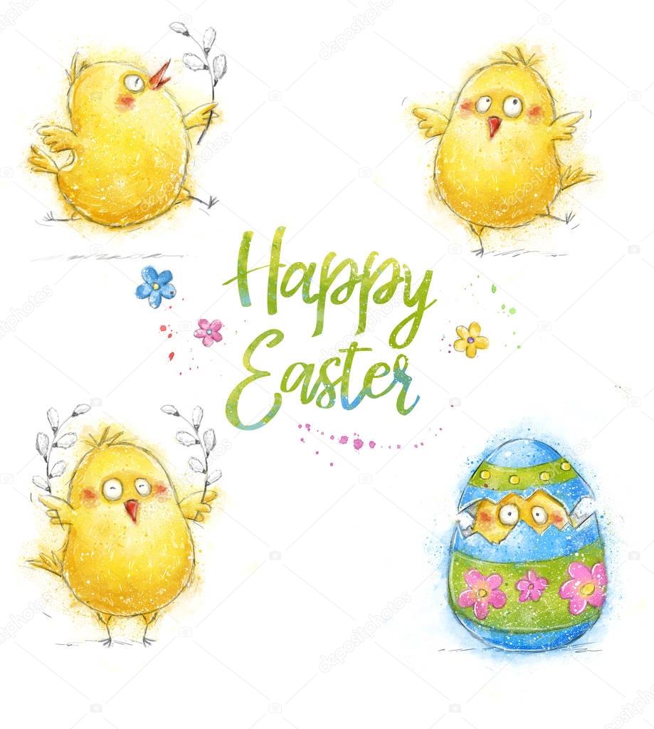 Happy easter greeting card. Cute chicken with text in stylish colors. Animal, comic chicken, easter theme, easter party, poult, pascua, spring, poster, church, happy, flowers, lovely, cute, decoration