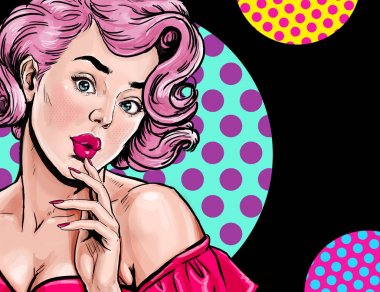 Pop Art hayran kadın Illustration. Pembe saçları çekici kız vintage Hollywood çizgi roman tarzı ile parti daveti veya Doğum günü tebrik kartı.