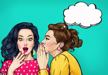 Pop art women gossip with thought bubble. Advertising poster or disco flayer design of female conversation. Two beautiful girls talking about you. clipart