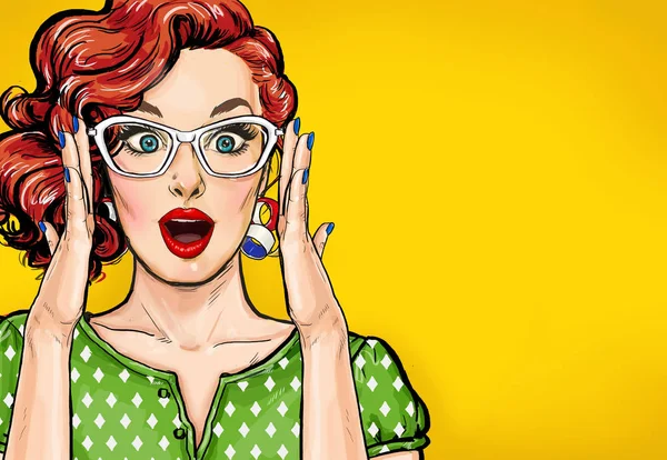 Surprised Pop Art woman in hipster glasses. Advertising poster or party invitation with sexy club girl with open mouth in comic style. — Stock Image Surprised Pop Art Woman Hipster Glasses Advertising Poster Party Invitation Stock Picture