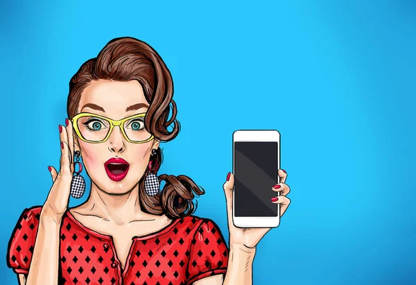 Attractive sexy girl in specs with phone in the hand in comic style. Pop art woman holding smartphone. Digital advertisement female model showing the message or new app on cellphone. — Stock Image Attractive Sexy Girl Specs Phone Hand Comic Style Pop Art Stock Photo