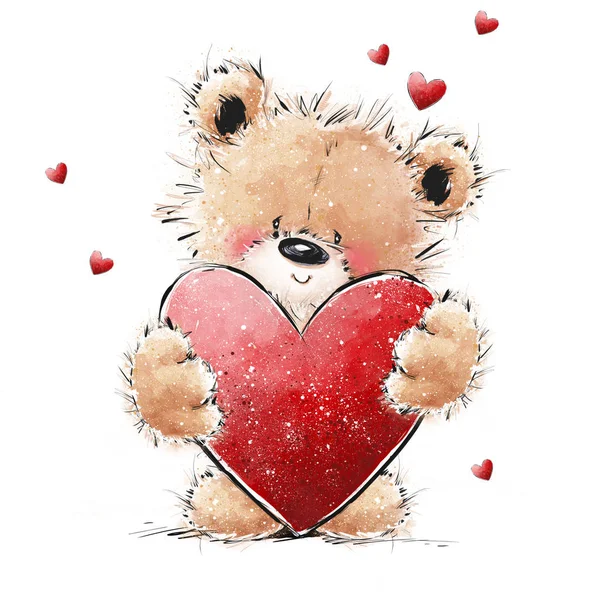 Lindo Oso Peluche Enamorado Gran Corazón Rojo Tarjeta Postal Del — Foto de Stock