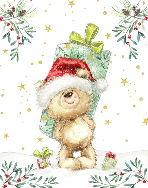 泰迪笑着抱着大礼品盒的小孩形象 圣诞快乐贺卡设计 — 图库照片