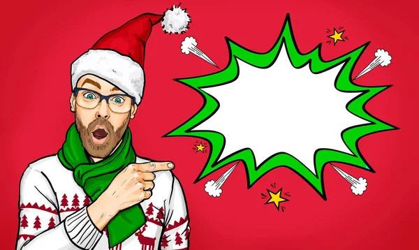 眼鏡をかけた素晴らしい髭の男と開いている口の中の星とサンタの帽子は 奇妙な予期しない何かを示しています 感情や広告 驚いた男たち クリスマス — ストック写真