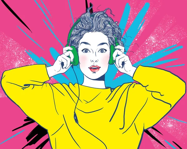 Ελκυστική Έκπληκτη Γυναίκα Ακουστικά Κρατά Χέρια Στα Ακουστικά Απολαμβάνει Ακούει — Φωτογραφία Αρχείου