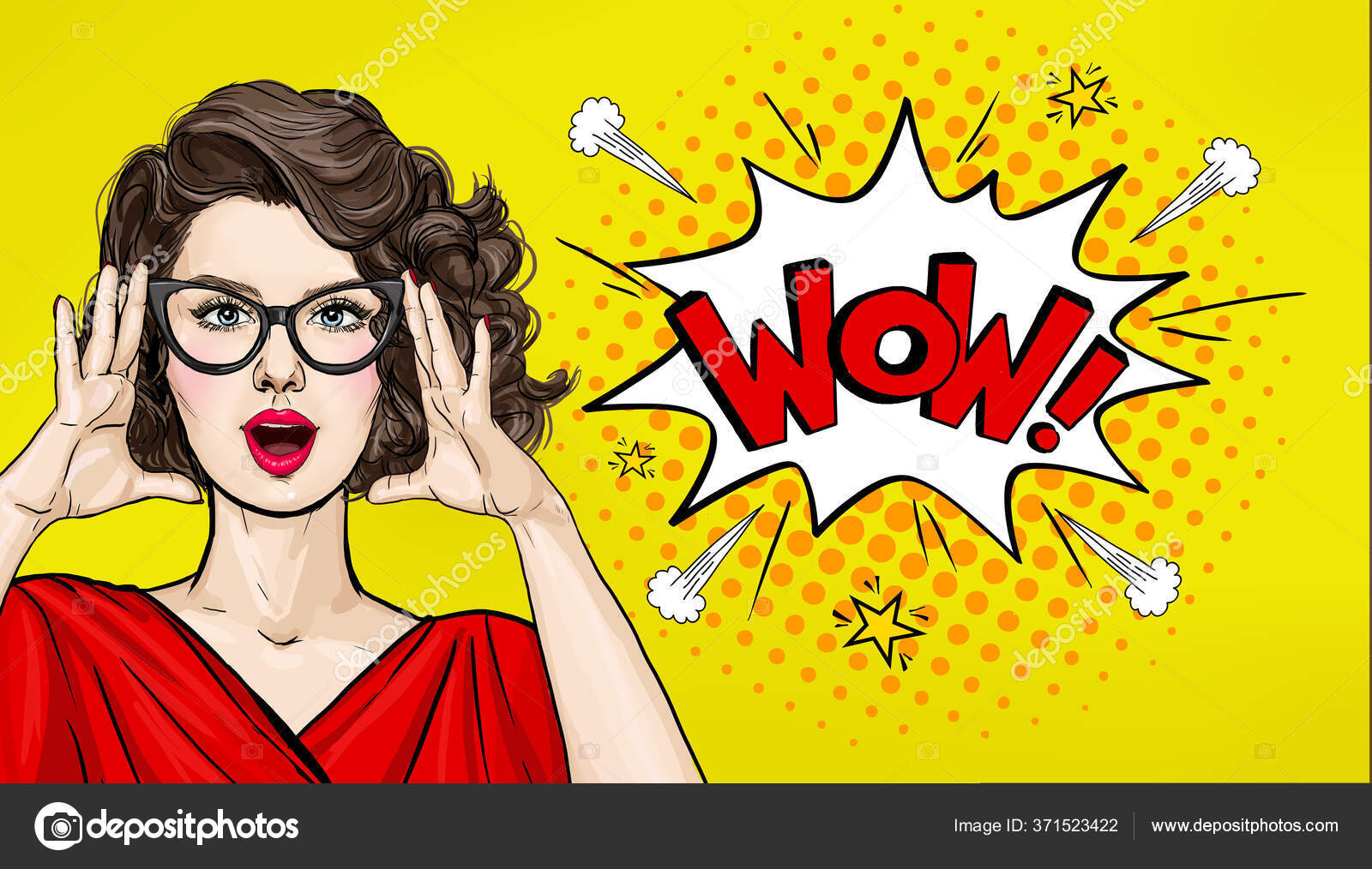 안경을 놀라운 포스터나 스타일로 벌리고 다니는 당신의 제품을 선전하는 표정을 스톡 일러스트레이션 [© AUTHOR_NAME]  #371523422