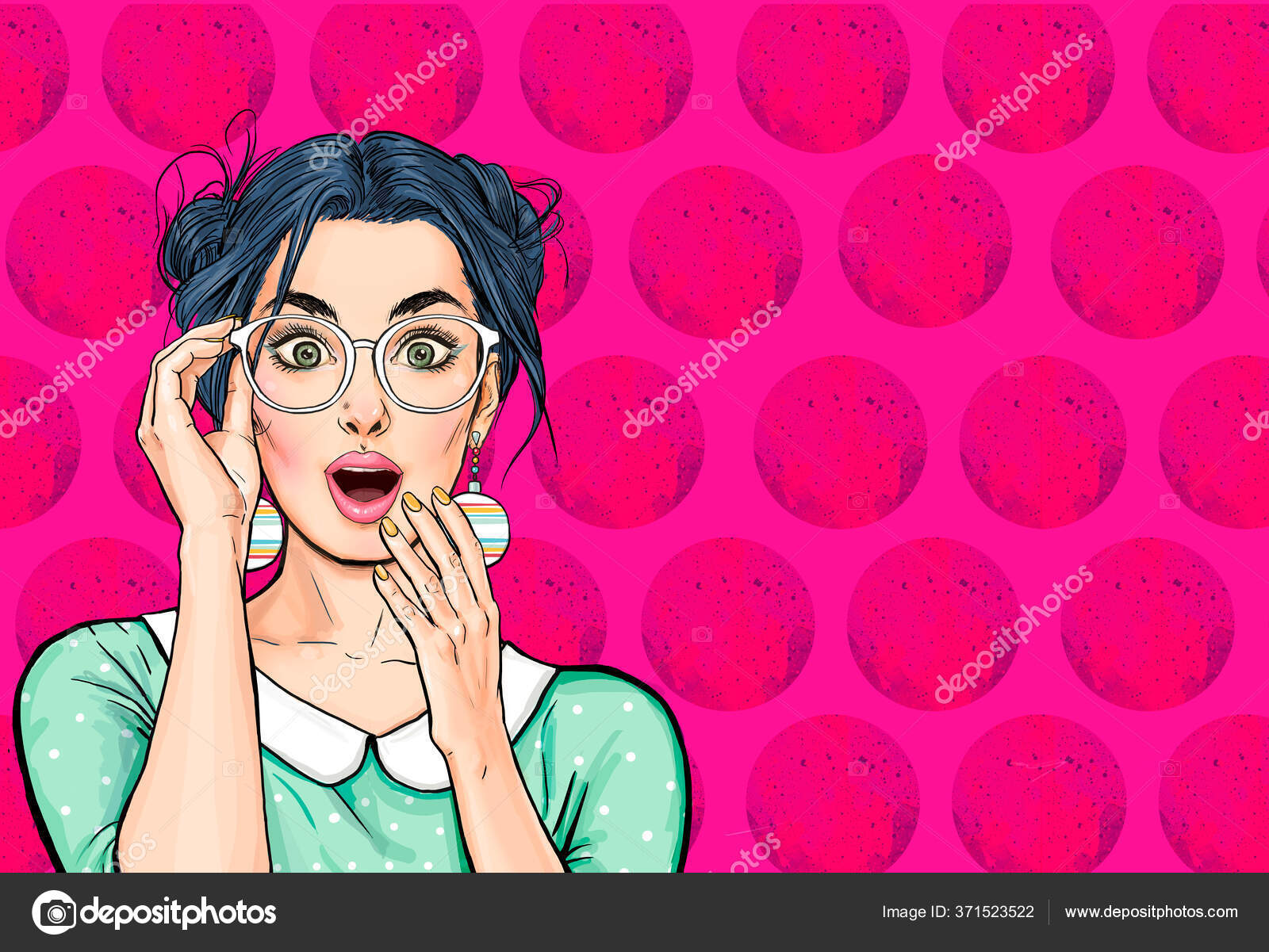 안경쓴 여자가 포스터나 스타일로 벌리고 다니는 표정을 표현하는 스톡 일러스트레이션 [© AUTHOR_NAME] #371523522