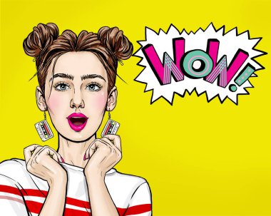 Pop Art 'lı kadın, yanaklarının yanında el ele tutuşuyor. Satış ilanı ya da seksi kulüp kızıyla indirim..
