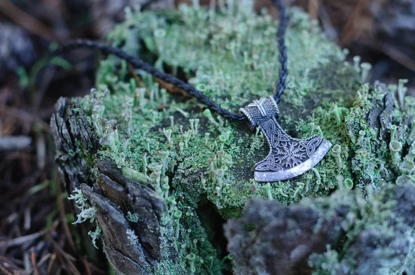 Thors hammer on a moss covered stump — Stock Photo, Image