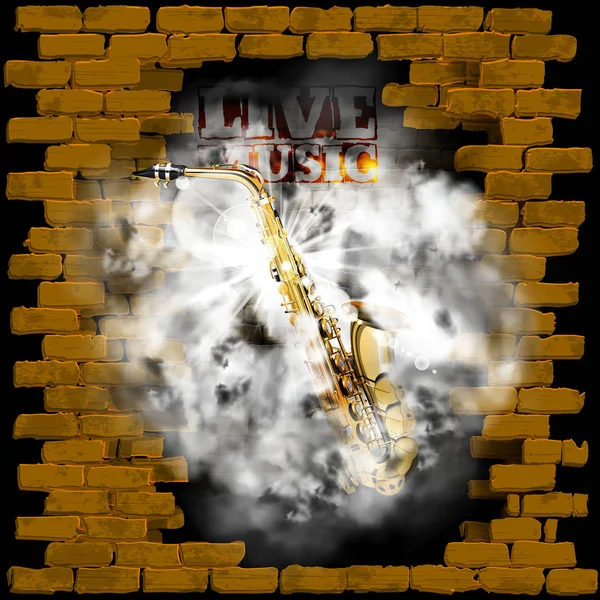 Música ao vivo parede de tijolo saxofone em fumaça — Vetor de Stock