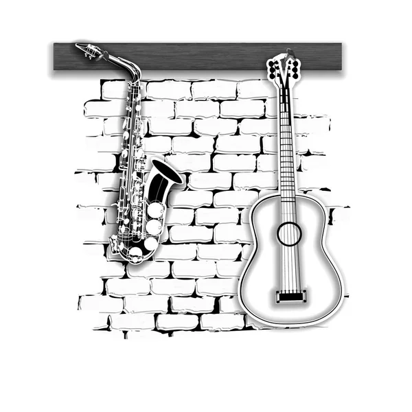 Instrumentos musicais saxofone e guitarra na parede de tijolo — Vetor de Stock