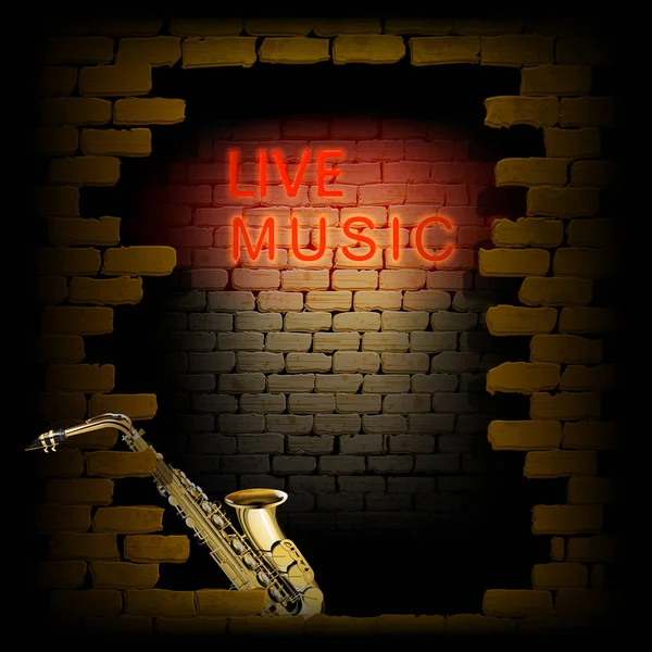 Ζωντανή μουσική νέον φως στην πόρτα του τούβλο τοίχο Σαξοφώνου — Διανυσματικό Αρχείο