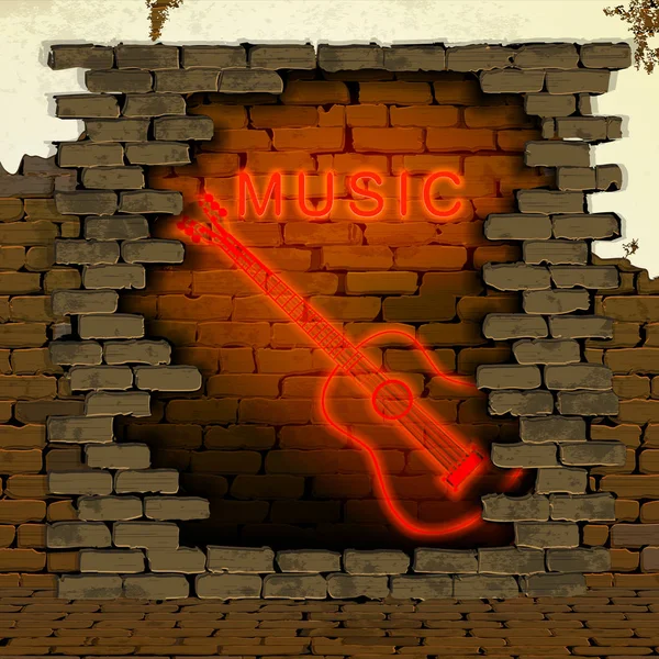 Musique et guitare néon lumière dans la porte du mur de briques — Image vectorielle