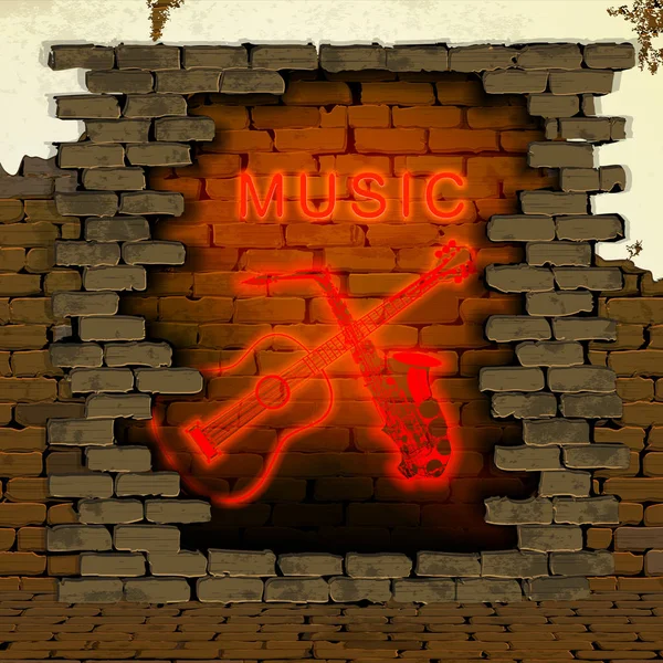 Musikgitarre und Saxophon Neonlicht in der Ziegelwand — Stockvektor