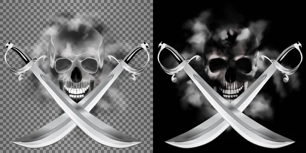 Crâne humain dans la fumée avec un sabre pirate — Image vectorielle