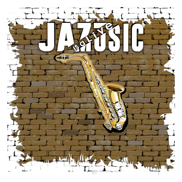 Sax jazz est une musique live sur un vieux mur de briques — Image vectorielle