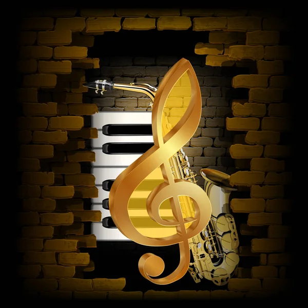 Golden treble clef saxophone piano key on a brick wall — Stock Vector