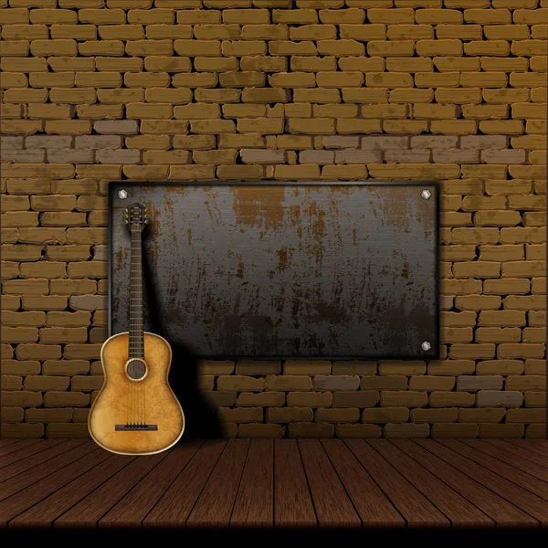 Ακουστική κιθάρα τούβλο τοίχο πλαίσιο ατσάλινη ασπίδα — Διανυσματικό Αρχείο