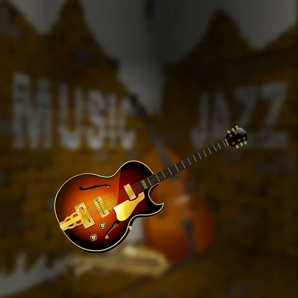 ジャズ音楽コーナーのレンガの壁の背景をぼかした写真 — ストックベクタ