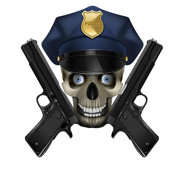 Calavera en una gorra y pistola de la policía — Vector de stock