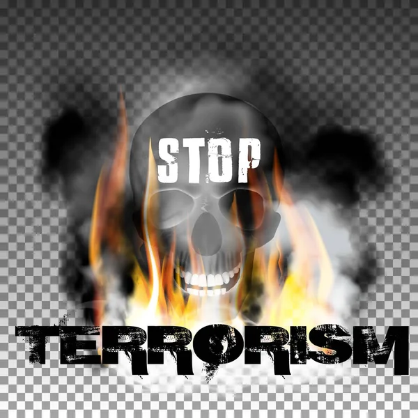 Zastavit terorismus v ohni kouř a lebka — Stockový vektor