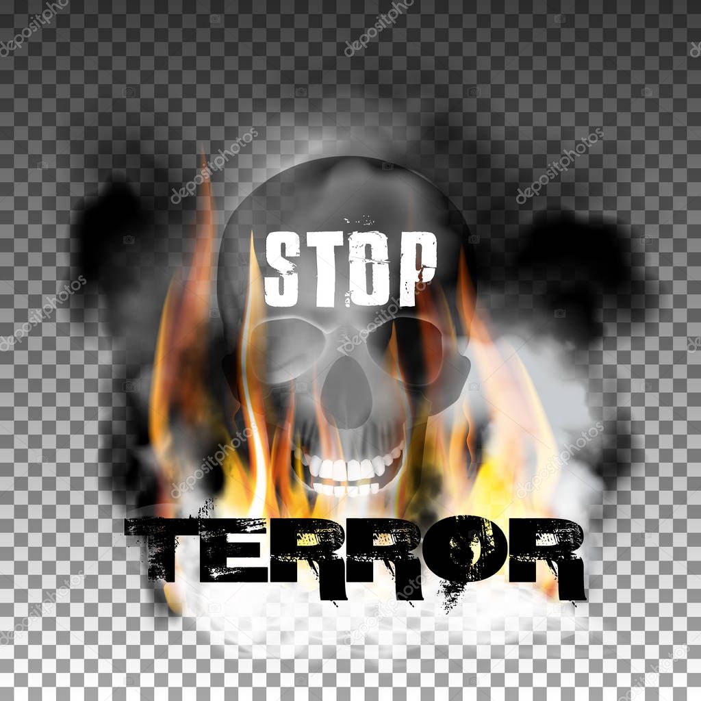 Stop terror in the fire smoke and skull