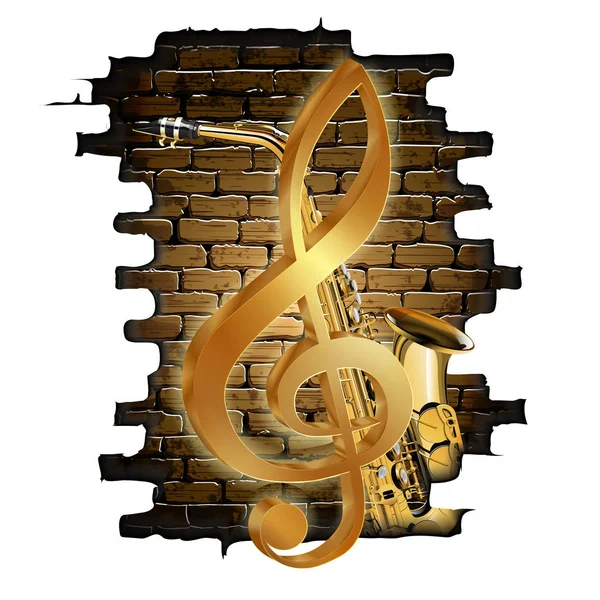Zlatý houslový klíč a sax na cihlovou zeď — Stockový vektor