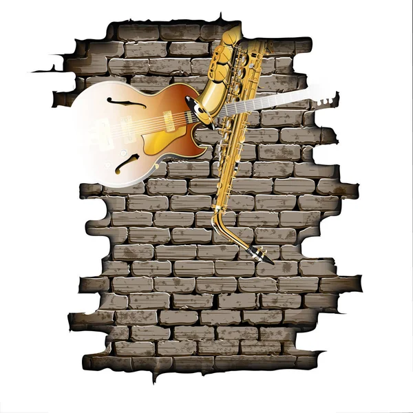 Guitarra e saxofone na parede de tijolo — Vetor de Stock