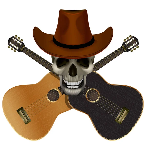 Schedel een cowboyhoed dragen op een achtergrond van overlappende gitaren — Stockvector