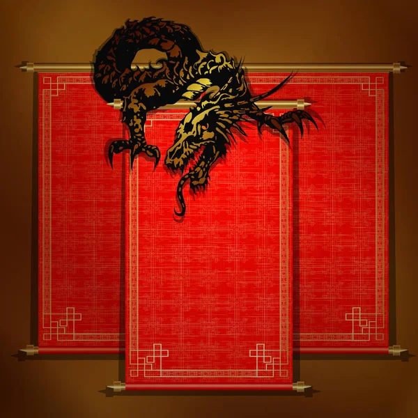 Dragão chinês em um pergaminho vermelho — Vetor de Stock