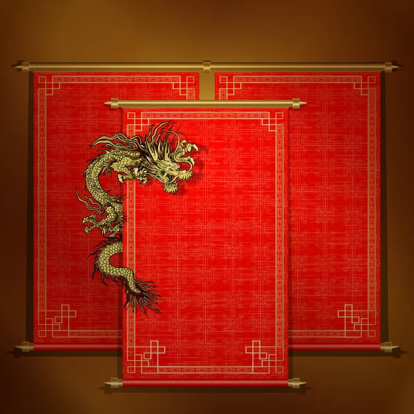 Röd bläddra med kinesisk drake — Stock vektor