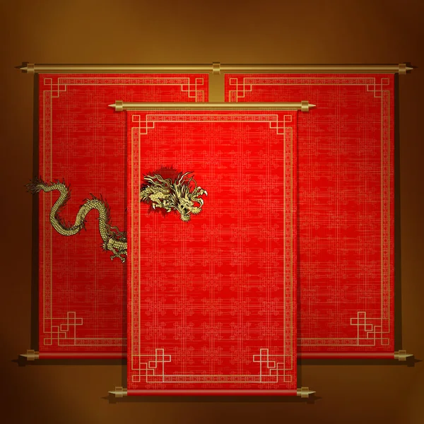 Rolagem vermelha com dragão chinês dourado — Vetor de Stock